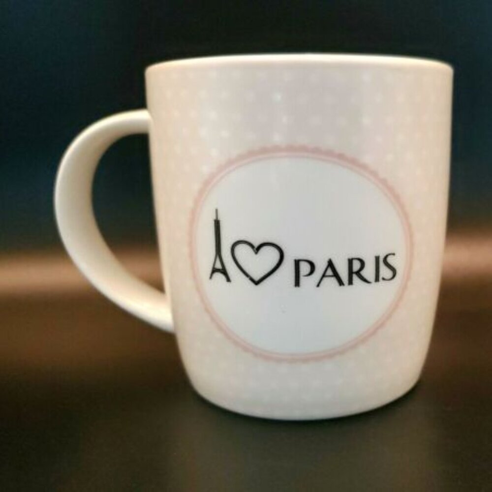 Soho Loft “I Love Paris” Coffee Mug Tea Cup Pink with White Polka Dots